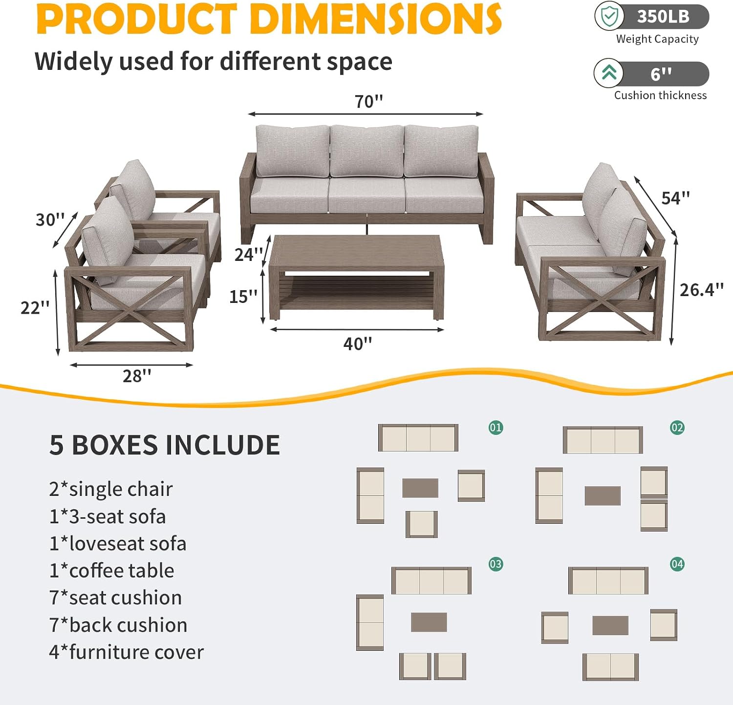 Amopatio Aluminum Patio Furniture Set, 8 Pieces Modern Metal Outdoor Furniture, Faux Wood Grain Finish Frame Patio Sofa Sets with 6' Cushion for Backyard, Beige (Included Waterproof Covers)