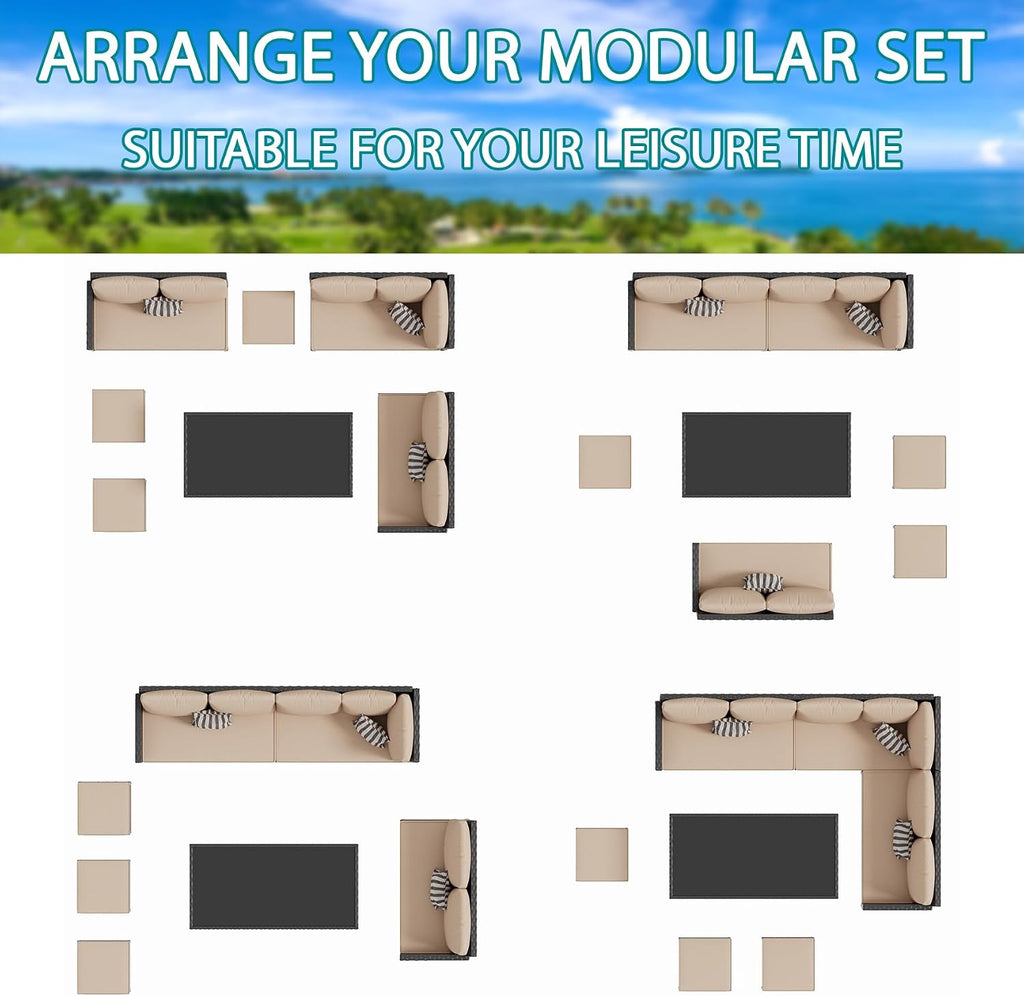 7-Piece Patio Furniture Set with Cushions and Pillows, Outdoor Wicker Sectional Sofa with Long Glass Coffee Table, All-Weather Conversation Set for Garden, Porch, Lawn, Khaki
