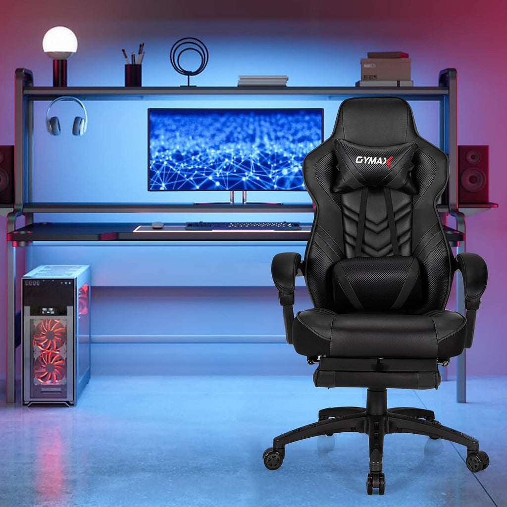GYMAX Gaming Chair, Ergonomic Computer Chair with Footrest, Linkage Armrests & Lumbar Cushion, Big Wide High Back Video Gaming Chair, Reclining Office Rolling Chair for Adult/Teens (Black)