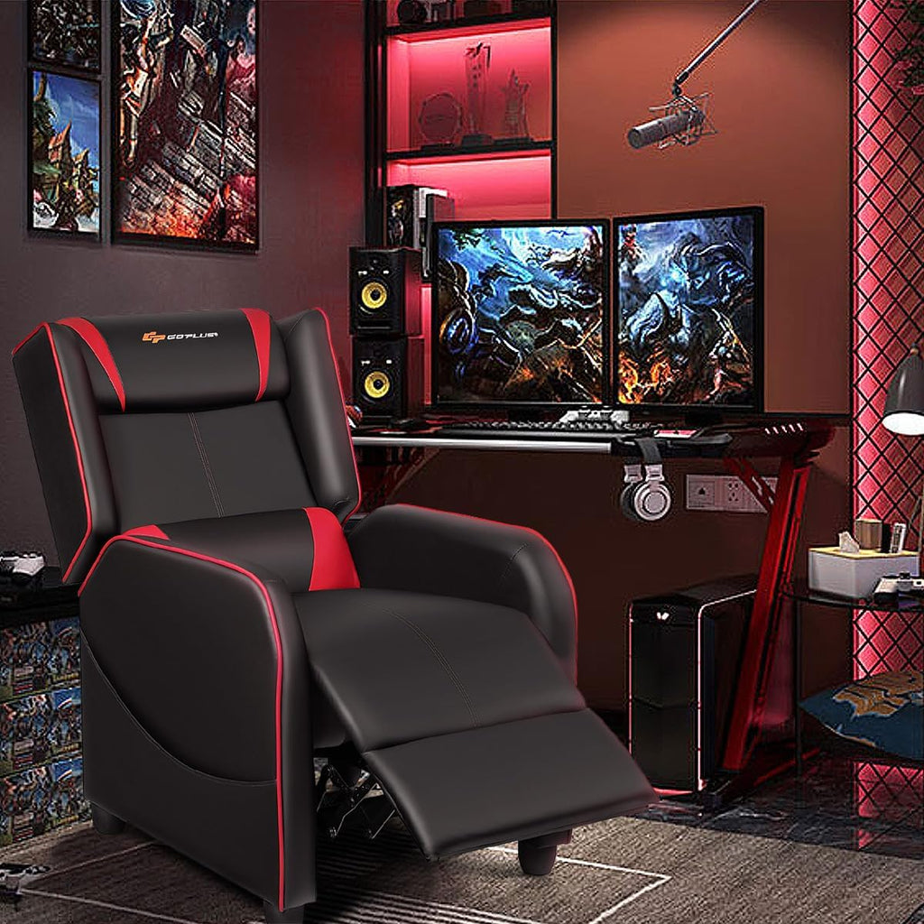 Goplus Massage Gaming Recliner Chair, Racing Style PU Leather Single Recliner Sofa with Footrest, Adjustable Modern Living Room Recliners, Ergonomic Home Theater Recliner Seat (Red)
