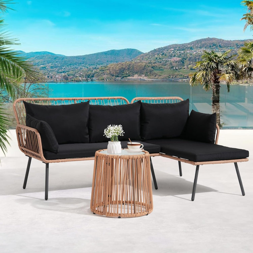 Verano Garden Outdoor Patio Furniture Set, 3 Piece Wicker Rattan Outdoor Balcony Furniture Set, L-Shaped Patio Conversation Sofa Set with Cushions and Round Glass Table (Black, 3PCS)