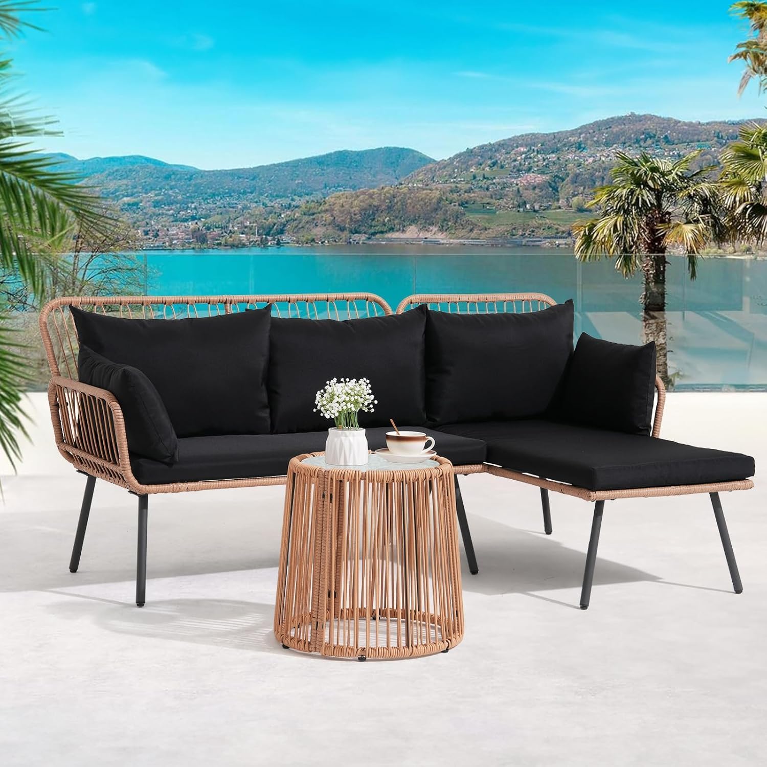 Verano Garden Outdoor Patio Furniture Set, 3 Piece Wicker Rattan Outdoor Balcony Furniture Set, L-Shaped Patio Conversation Sofa Set with Cushions and Round Glass Table (Black, 3PCS)