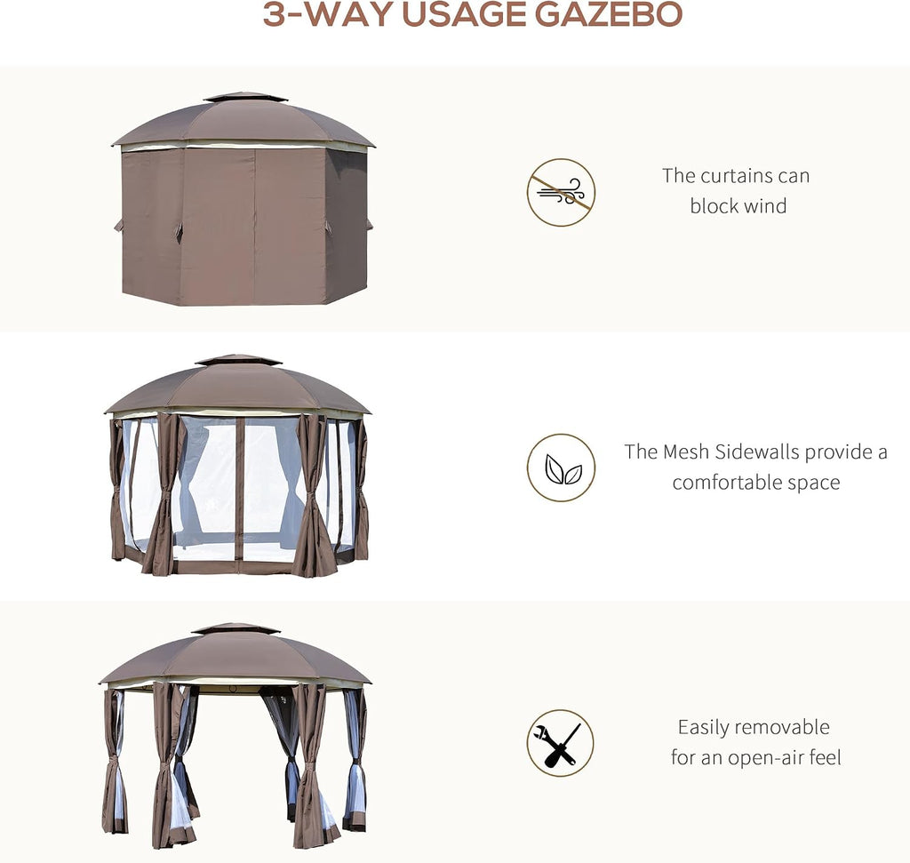 Outsunny 12' x 12' Round Outdoor Gazebo, Patio Dome Gazebo Canopy Shelter with Double Roof, Netting Sidewalls and Curtains, Zippered Doors, Strong Steel Frame, Brown