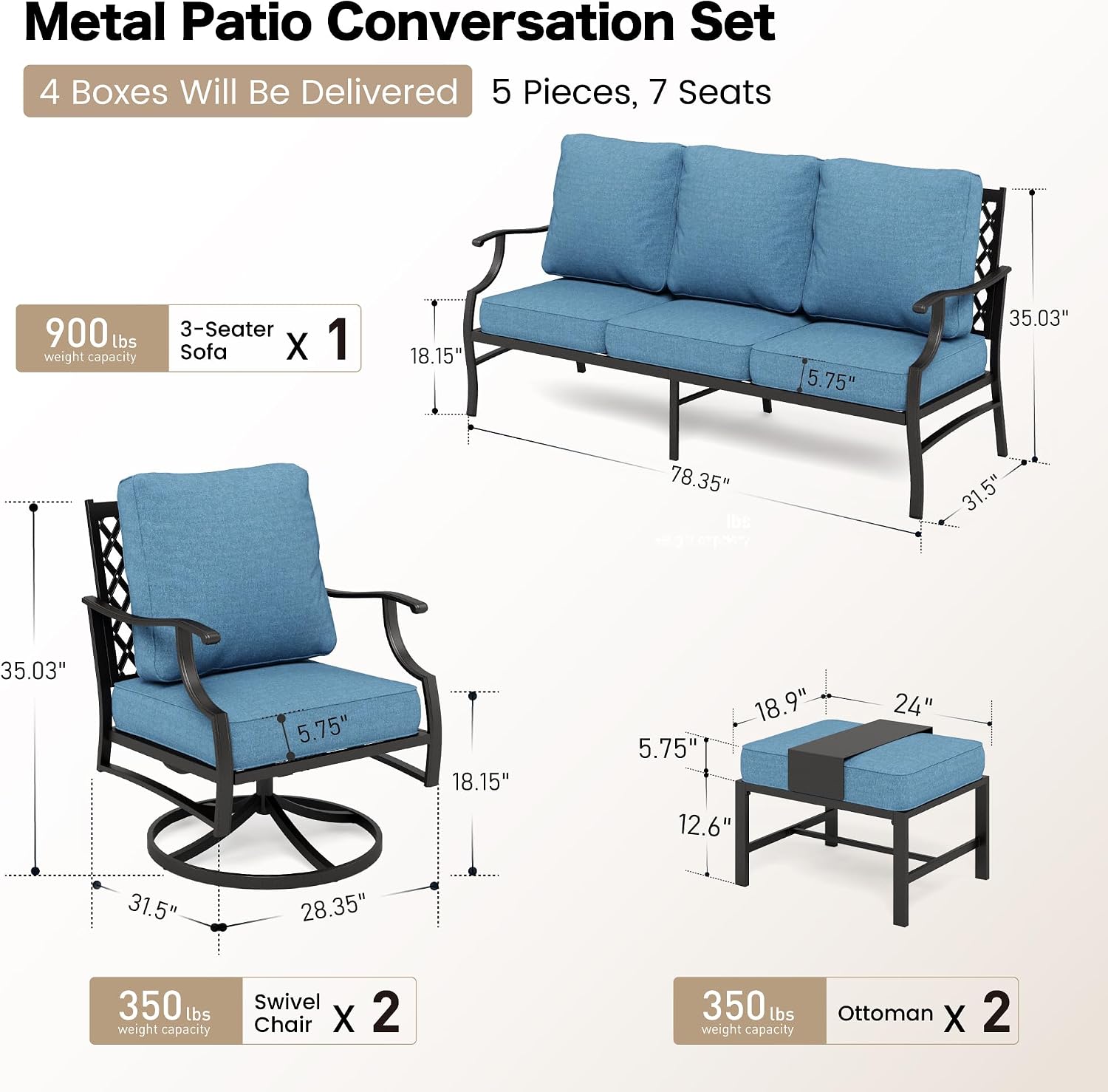 SUNSHINE VALLEY 5 Piece Metal Outdoor Patio Furniture Set, Patio Conversation Sets 1 3-seater Sofa, 2 Swivel Chairs, 2 Ottomans with 5.75' Thick Cushion, Black All-weather Backyard Furniture Set, Navy