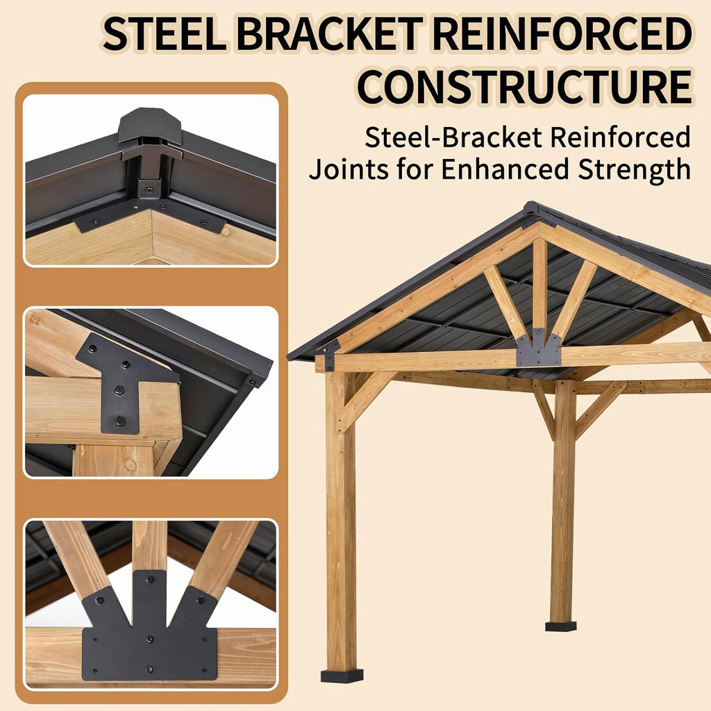11x13 Hardtop Gazebo, Galvanized Steel Gable Roof Outdoor Pavilion with Cedar Wood Frame, Patio Gazebo for Deck, Garden, Lawn, Natural Wood/Black