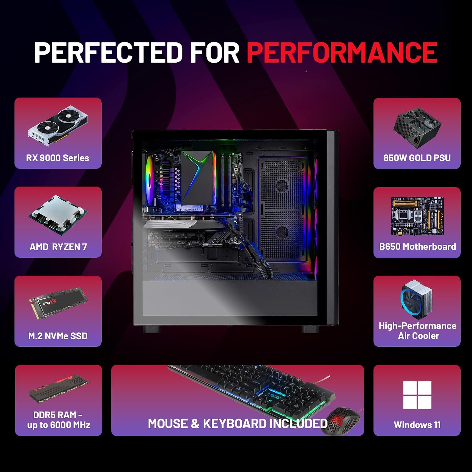 Skytech Gaming Chronos 3 Desktop PC, Ryzen 7 7700 3.8 GHz (5.3GHz), AMD RX 9070XT 16GB, 2TB Gen4 NVMe SSD, 32GB DDR5 RAM 6000 RGB, 850W Gold ATX 3 PSU, Wi-Fi, Win 11