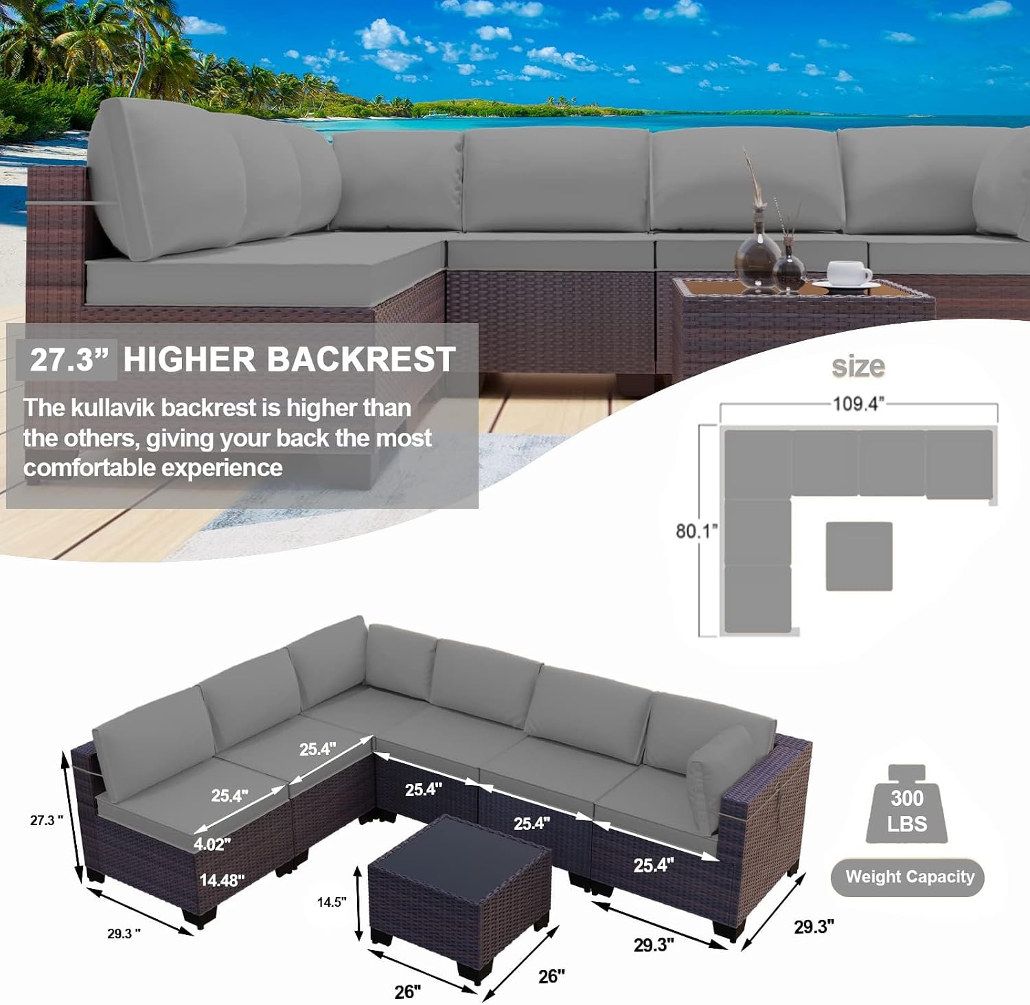 Kullavik 7 Pieces Outdoor Patio Furniture Set,Wicker Outdoor Sectional Sofa,All-Weather Patio Conversation Sets with Washable Thick Cushions & Coffee Table for Garden,Backyard,Balcony,Porch,Grey