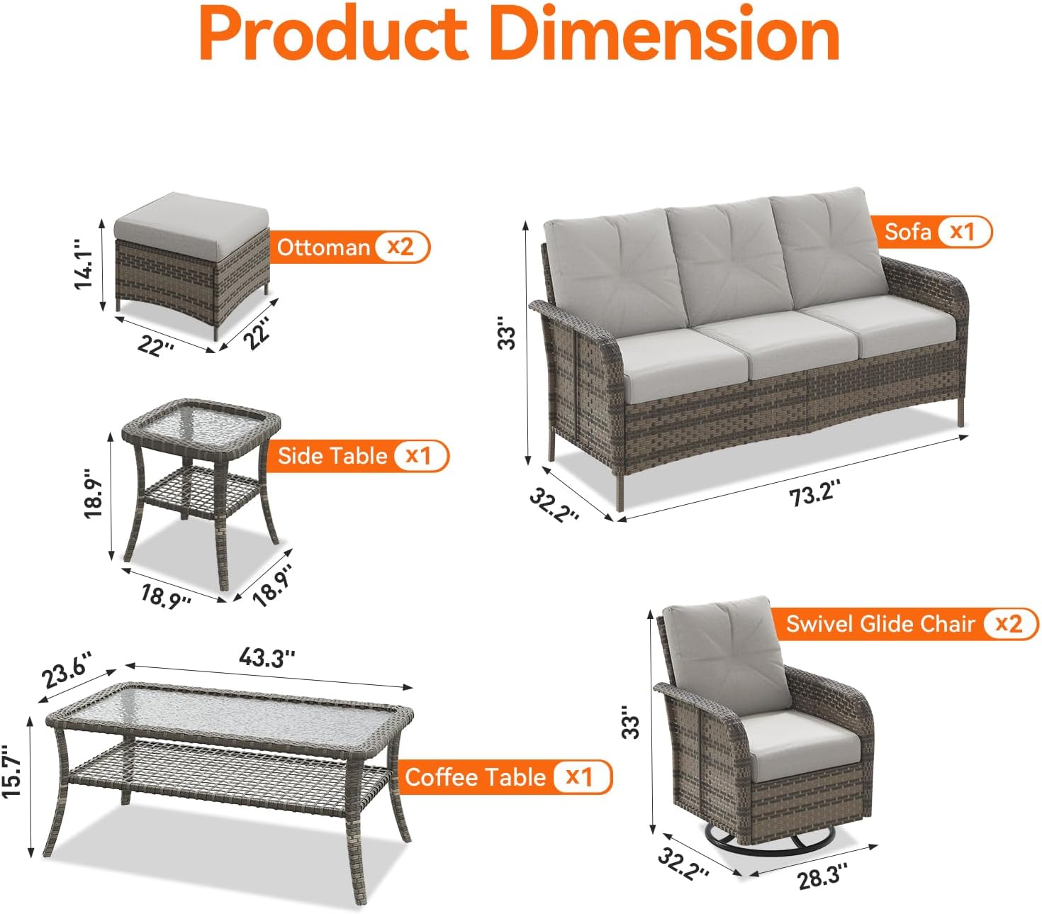 Aoxun Luxury 9-Piece Patio Furniture Set, 360° Swivel Chairs, Wicker Rattan Sofa with Thick Cushion, Outdoor Conversation Set for Backyard, Poolside & Garden, Beige/Gray