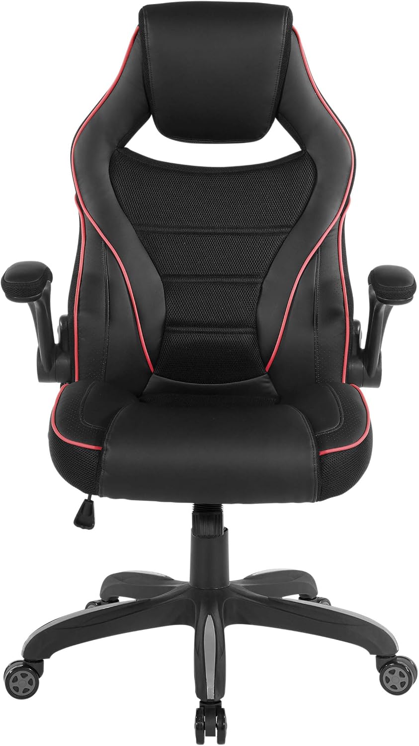 OSP Home Furnishings Xeno Ergonomic Adjustable Faux Leather Gaming Chair with Integrated Headrest and Airflow Cooling Material, Black with Red Accents