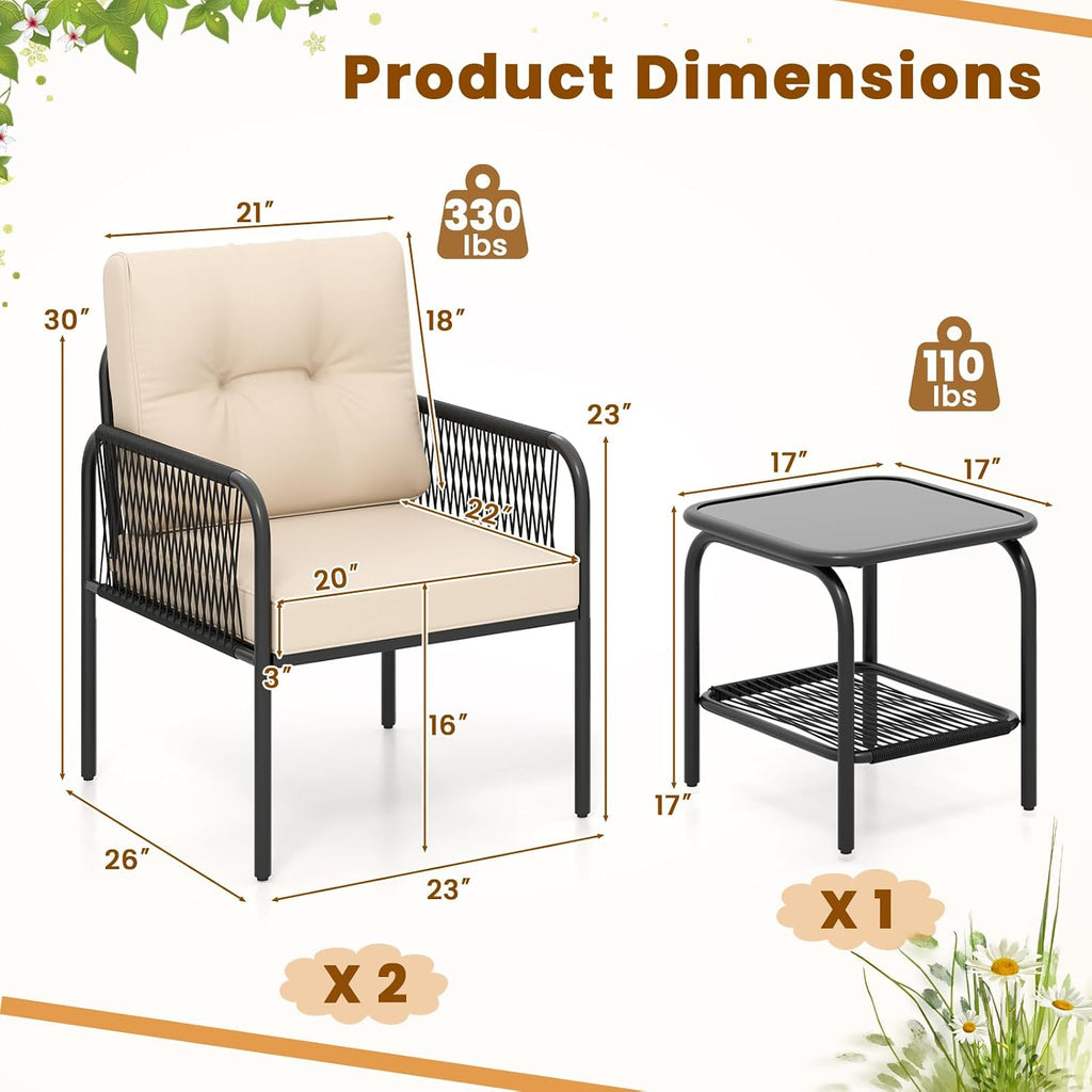 Tangkula 3 Pieces Patio Bistro Set, PE Rattan Furniture Set with Tempered Glass Table, Chairs, Back and Seat Cushions, Outdoor Wicker Conversation Set for Porch, Backyard, Garden and Poolside