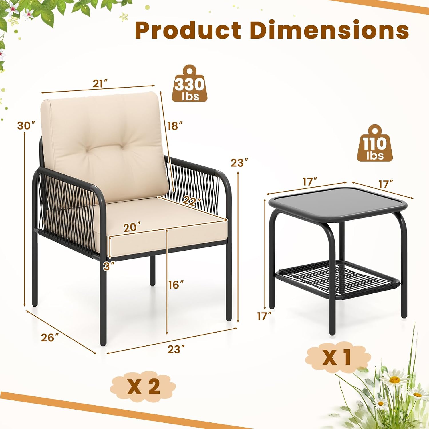 Tangkula 3 Pieces Patio Bistro Set, PE Rattan Furniture Set with Tempered Glass Table, Chairs, Back and Seat Cushions, Outdoor Wicker Conversation Set for Porch, Backyard, Garden and Poolside
