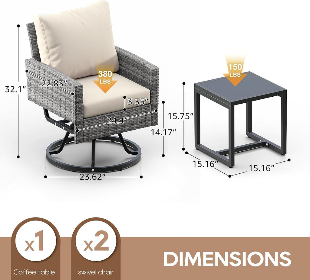 Outdoor Swivel Chair Set of 2, 3 Pcs Rattan Patio Furniture Set, Patio Bistro Set with Side Table for Porch Garden Lawn Balcony Backyard (Gray & Beige)