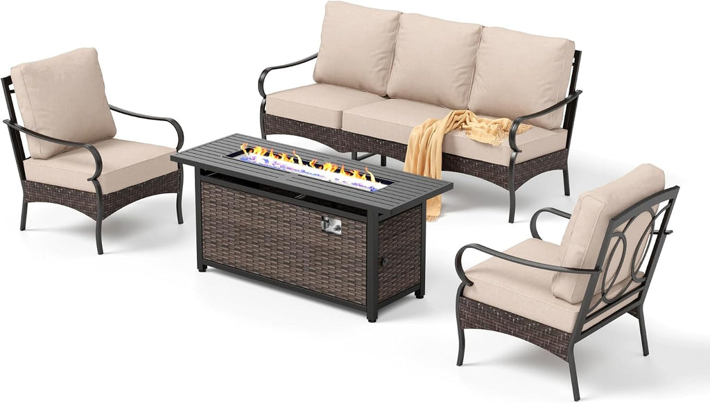 Patio Furniture Set with 56' Fire Pit Table, Premium Outdoor Wicker Metal Frame Furniture with Upgraded Waterproof Thick Cushions for Porch, Poolside, Deck, and Yard （4 Pieces,Beige）