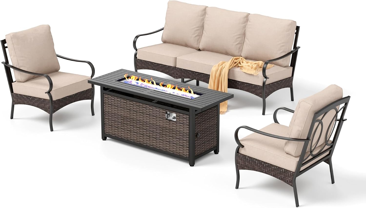 Patio Furniture Set with 56' Fire Pit Table, Premium Outdoor Wicker Metal Frame Furniture with Upgraded Waterproof Thick Cushions for Porch, Poolside, Deck, and Yard （4 Pieces,Beige）