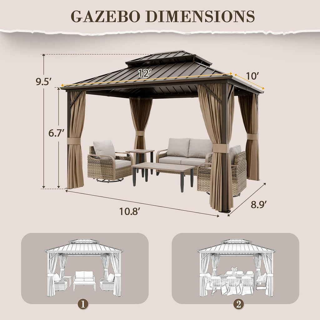 EAGLE PEAK 12x10 Hardtop Gazebo, Galvanized Steel Double Roof with Aluminum Frame, Outdoor Pavilion with Netting and Curtains for Patio, Deck, Lawn and Garden, Dark Brown/Tan