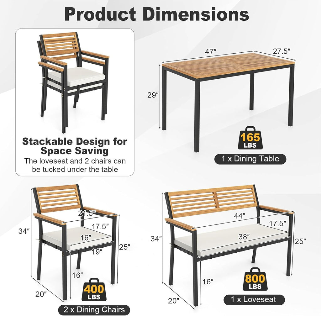Tangkula 4 Piece Patio Dining Furniture Set, Outdoor Dining Chair Set for 4 w/Acacia Wood & Metal Frame, Umbrella Hole, 1 Table, 2 Armchairs, 1 Bench for Lawn, Garden, Backyard, Porch