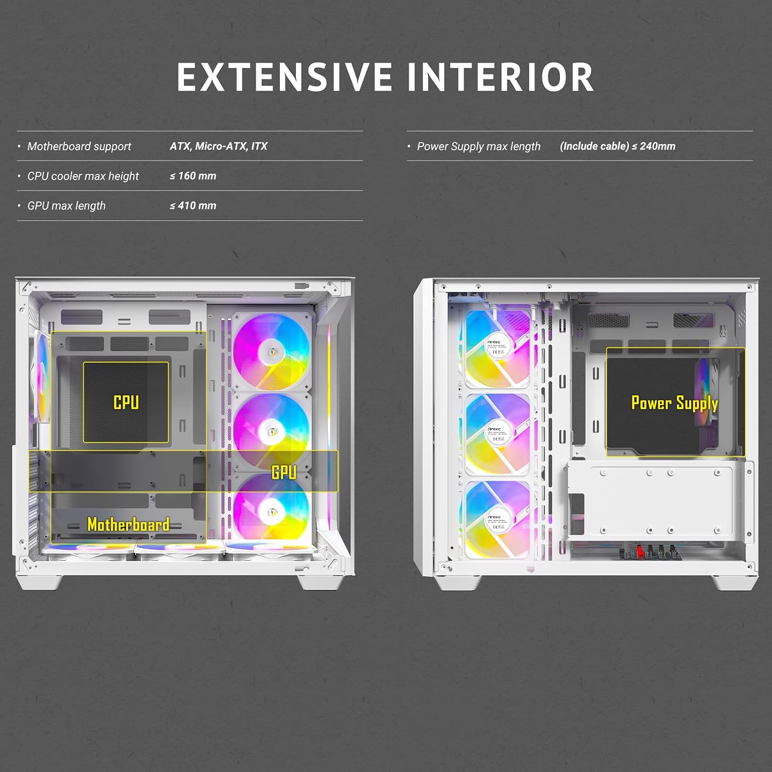 Antec C5 ARGB White, Mid-Tower ATX PC Case, Seamless Tempered Glass Front & Side Panels, 7×120mm ARGB PWM Fans Included, Supports Up to 10 Fans, 360mm Radiator Support, Type-C 3.2 Gen 2