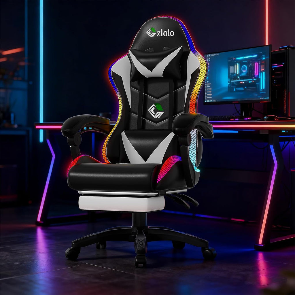 Czlolo Gaming Chair, RGB LED Lights Computer Chair with Footrest, Lumbar Support Massager Gamer Chair, High Back, 90-135° Reclining, Linkage Armrests, White