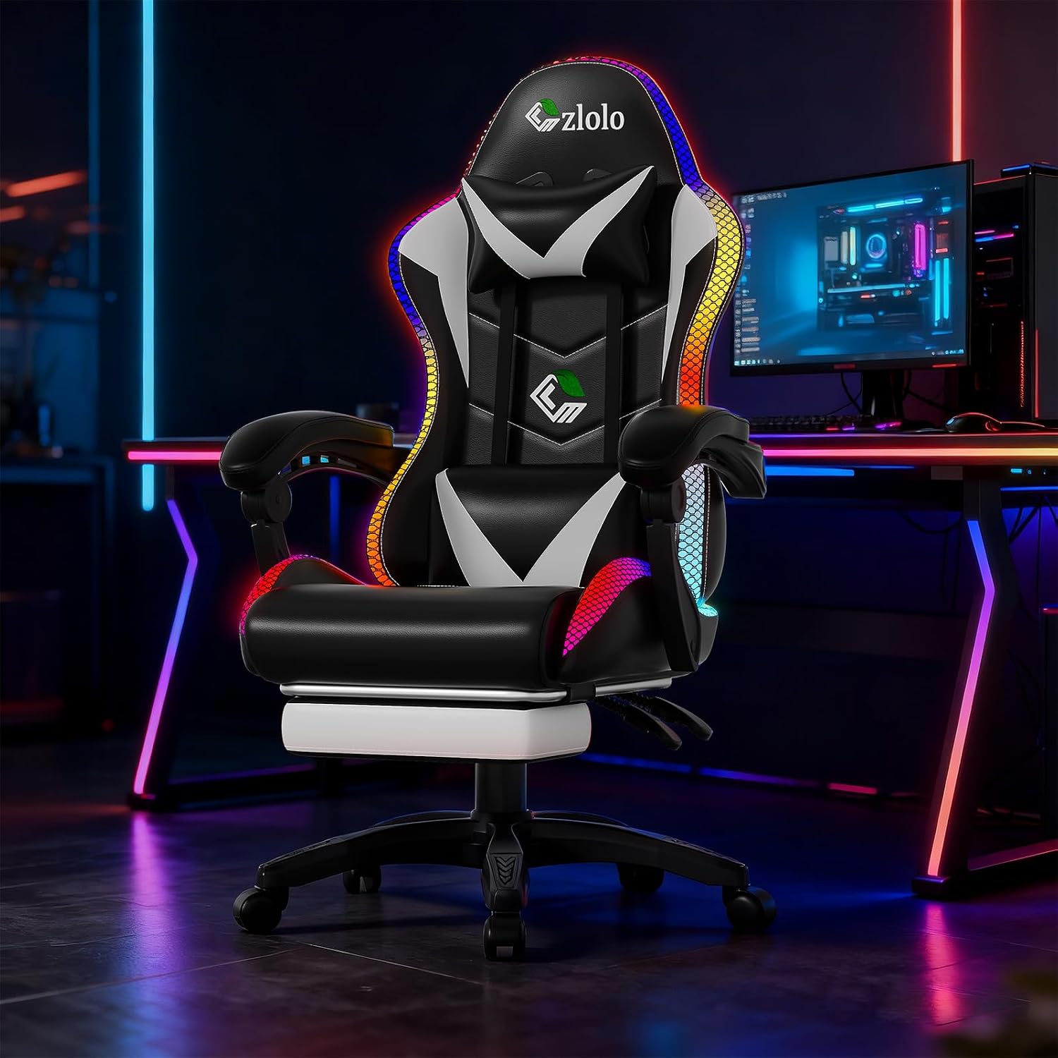 Czlolo Gaming Chair, RGB LED Lights Computer Chair with Footrest, Lumbar Support Massager Gamer Chair, High Back, 90-135° Reclining, Linkage Armrests, White