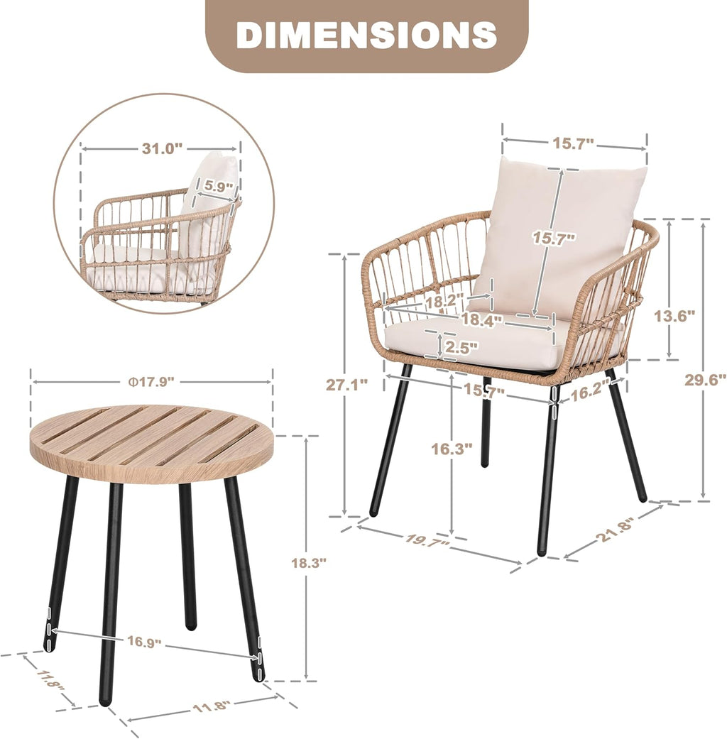 NUU GARDEN 3-Piece Patio Bistro Set, All-Weather Wicker Rattan Outdoor Table and 2 Chairs with Cushions for Porch, Backyard, Poolside, Deck, Beige