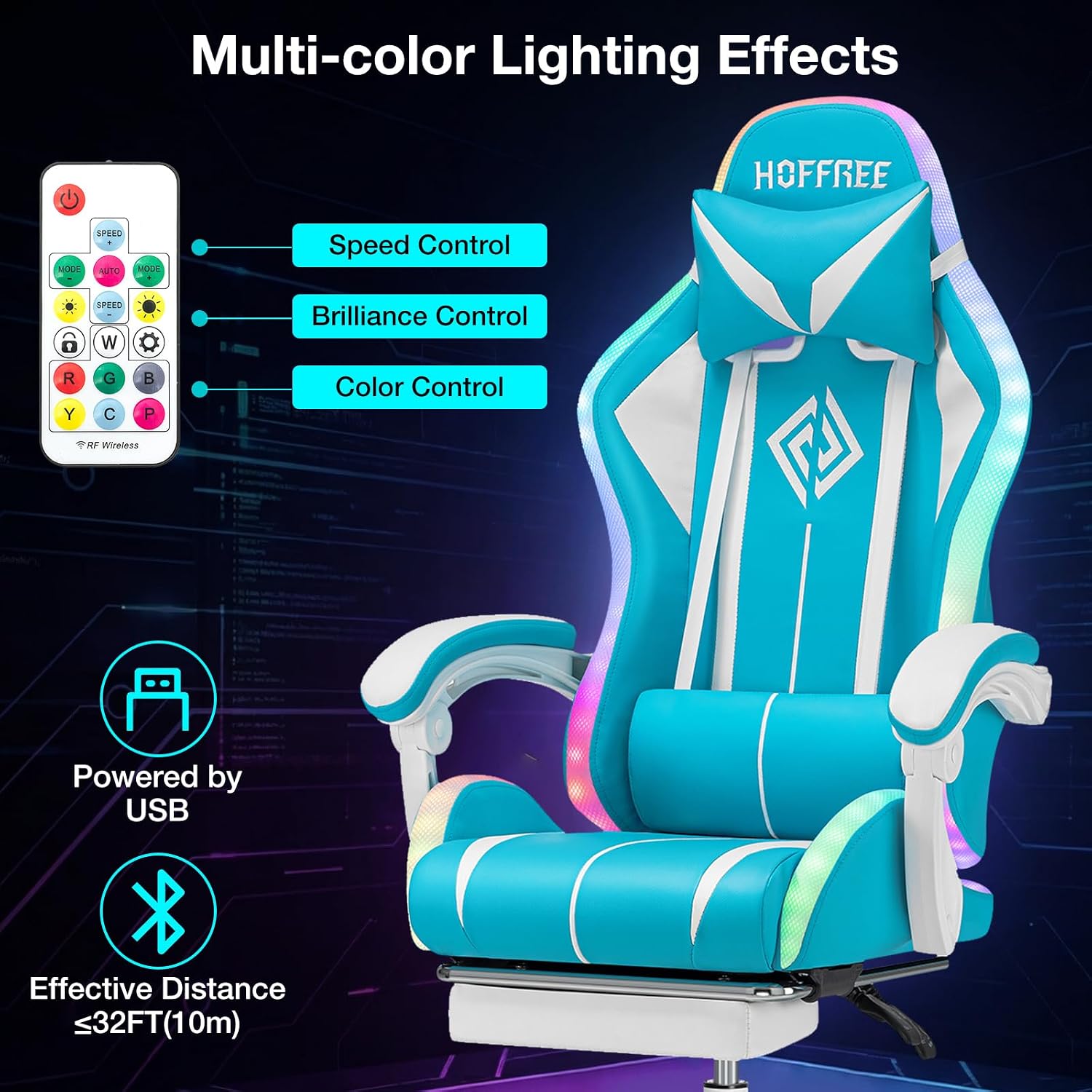 RGB Gaming Chair with LED Lights Massage Ergonomic Computer Gaming Chair High Back Video Game Chair with Footrest and Adjustable Lumbar Support Linkage Armrest Gamer Chairs for Adults Blue and White