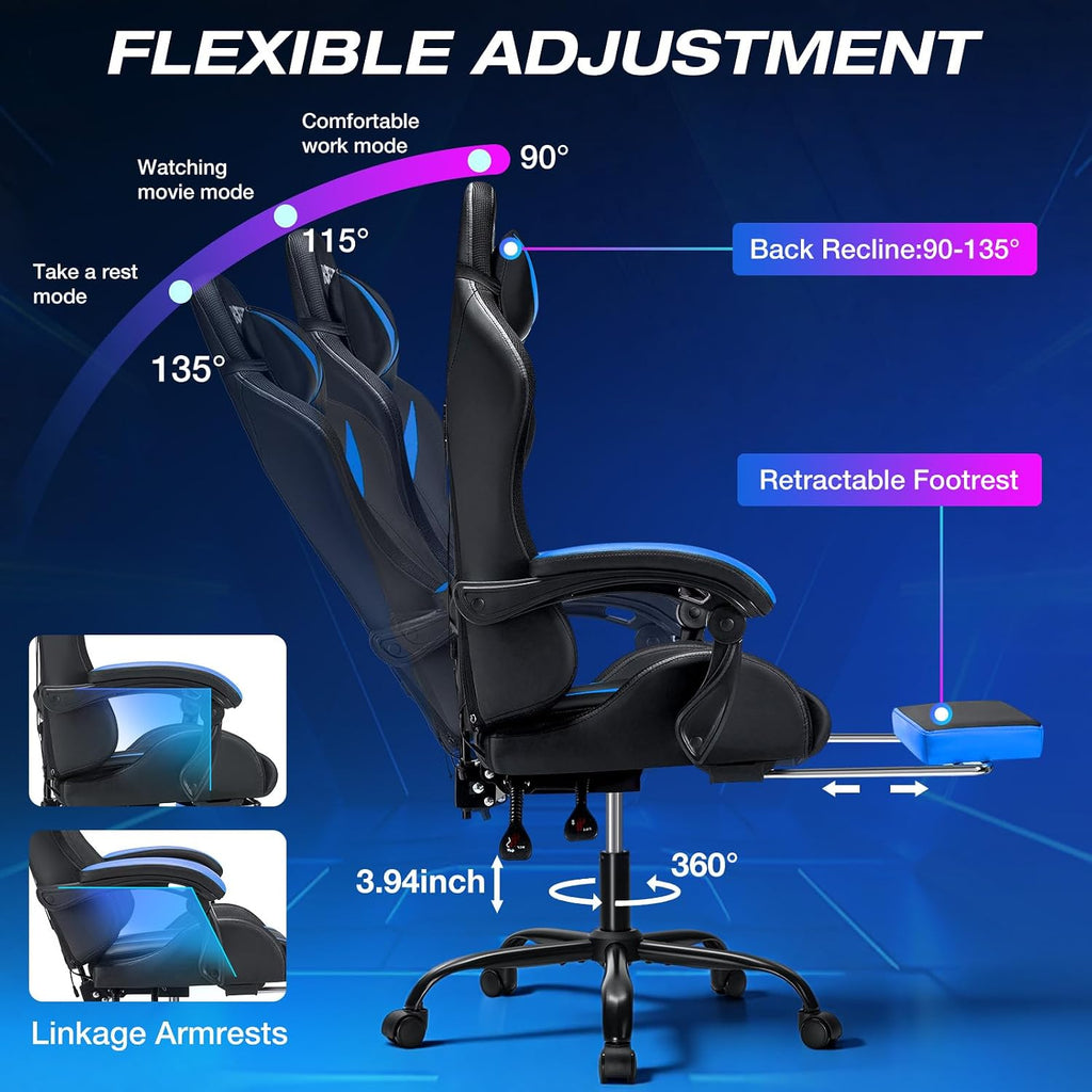 RGB Gaming Chair with Massage and LED Lights Ergonomic Video Game Chairs with Footrest High Back Reclining Computer Chair with Adjustable Lumbar Support Blue and Black