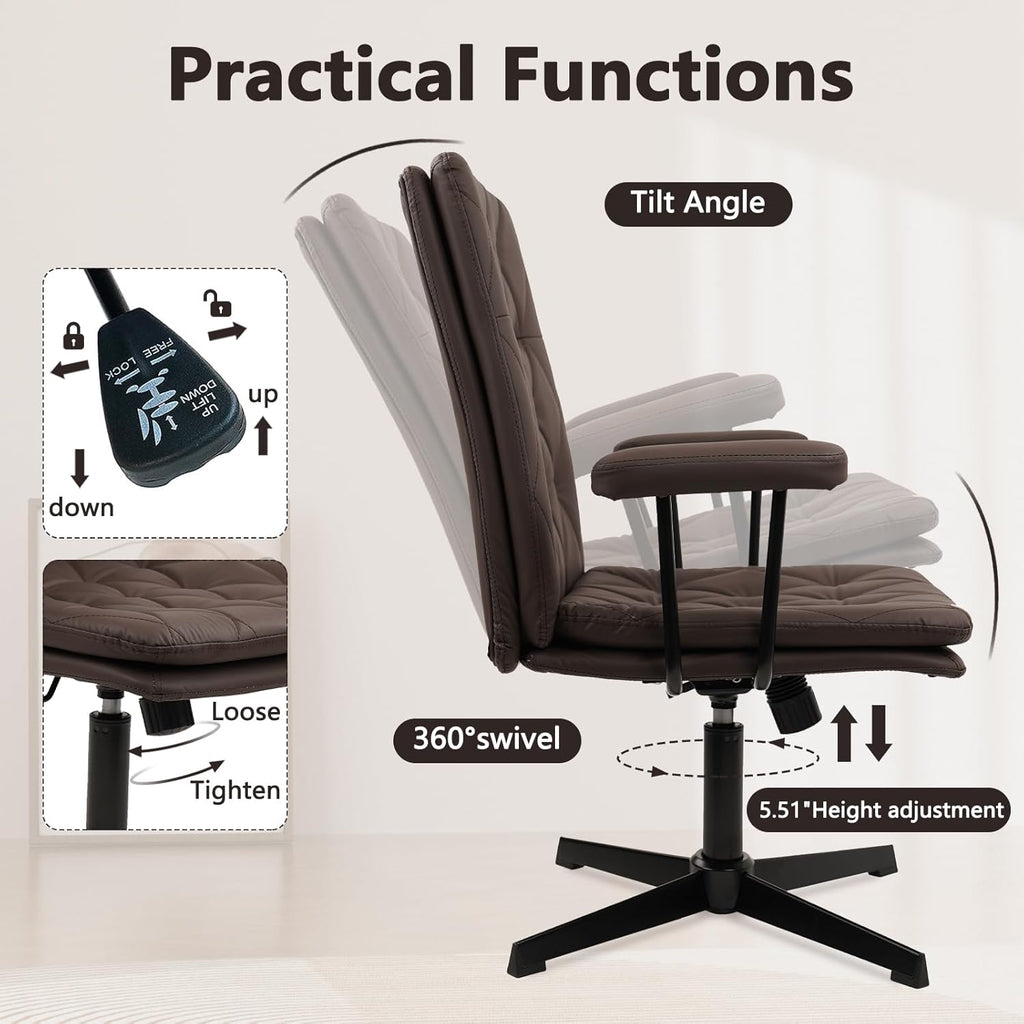 CLATINA Office Chair No Wheels, Leather Criss Cross Desk Chairs with Arms, Modern Cross Legged Computer Chair, Mid Back Height Adjustable Swivel Task Vanity Chair for Home Office, Chocolate Brown