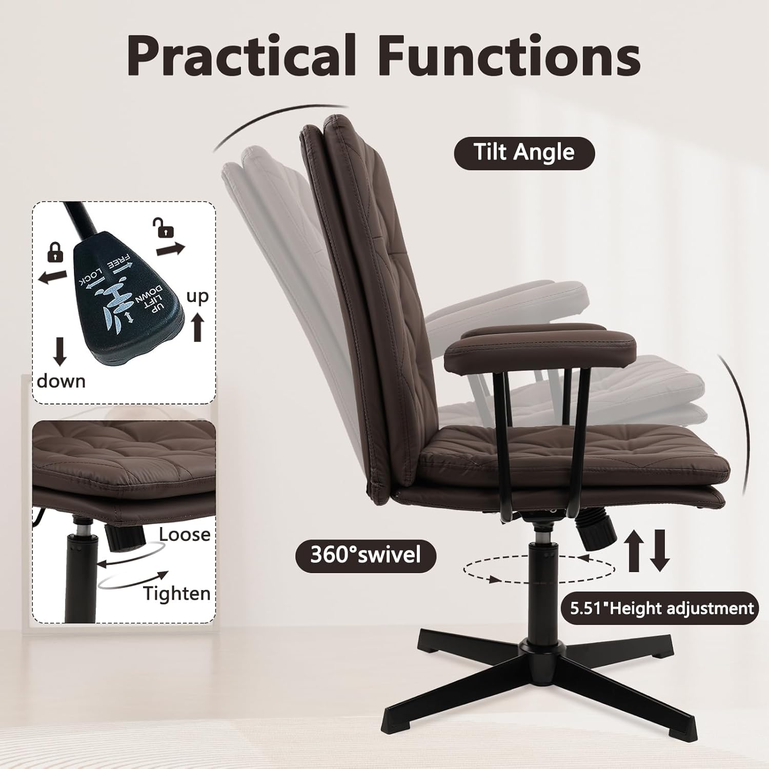 CLATINA Office Chair No Wheels, Leather Criss Cross Desk Chairs with Arms, Modern Cross Legged Computer Chair, Mid Back Height Adjustable Swivel Task Vanity Chair for Home Office, Chocolate Brown
