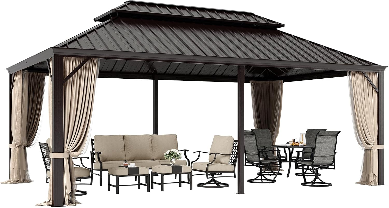 SUNSHINE VALLEY 12'x20' Hardtop Gazebo, Permanent Aluminum Outdoor Gazebo with Galvanized Steel Double Roof & Gutter System, Heavy Duty Patio Pavilion Canopy with Netting and Curtains for Deck, Garden