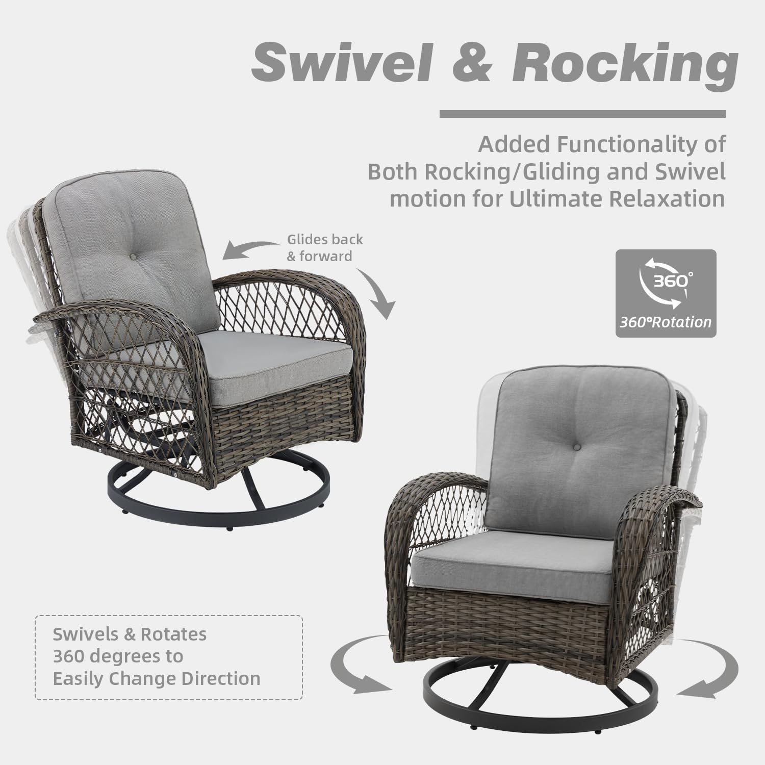 MELLCOM 5 Pieces Patio Furniture Set, Outdoor Swivel Rocker Patio Chairs with Ottomans, Wicker Conversation Set with Rocking Chair, Thickened Cushions, Glass Coffee Table for Backyard, Grey