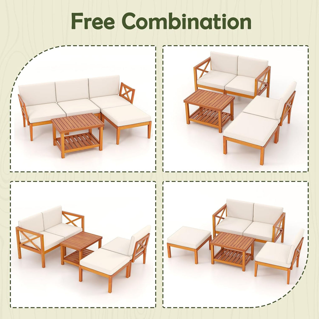 Tangkula L Shaped Outdoor Furniture Set, 5 Pieces Acacia Wood Patio Conversation Set, Modular Outdoor Lounge Sofa Set w/Cushions and Coffee Table for Garden, Backyard, Poolside