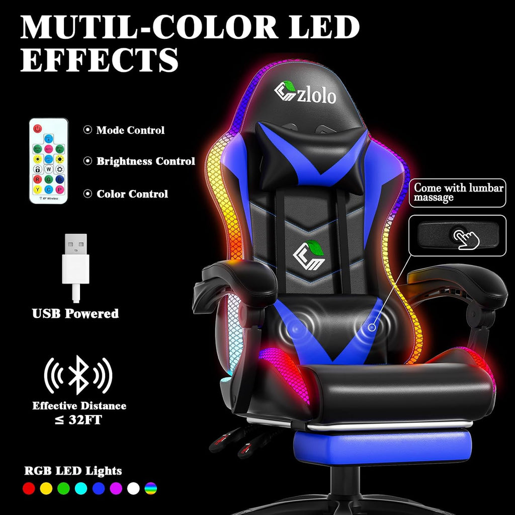 Czlolo Gaming Chair, RGB LED Lights Computer Chair with Footrest, Lumbar Support Massager Gamer Chair, High Back, 90-135° Reclining, Linkage Armrests, Blue