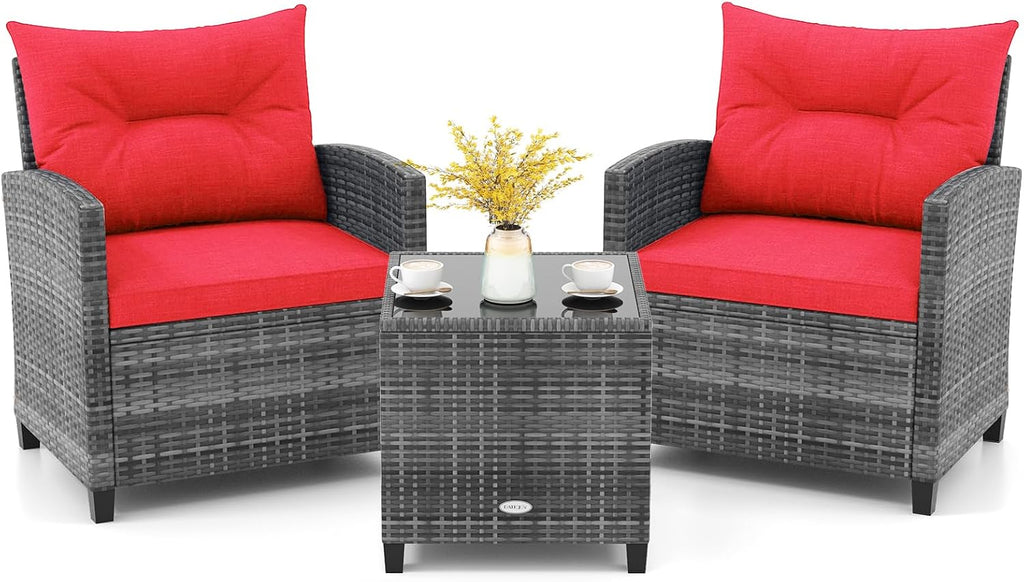 KOTEK 3 Piece Patio Furniture Set, Outdoor PE Rattan Conversation Set with Washable Cushions & Tempered Glass Tabletop, Wicker Chairs and Table Set for Porch, Garden, Balcony (Red)