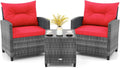 KOTEK 3 Piece Patio Furniture Set, Outdoor PE Rattan Conversation Set with Washable Cushions & Tempered Glass Tabletop, Wicker Chairs and Table Set for Porch, Garden, Balcony (Red)