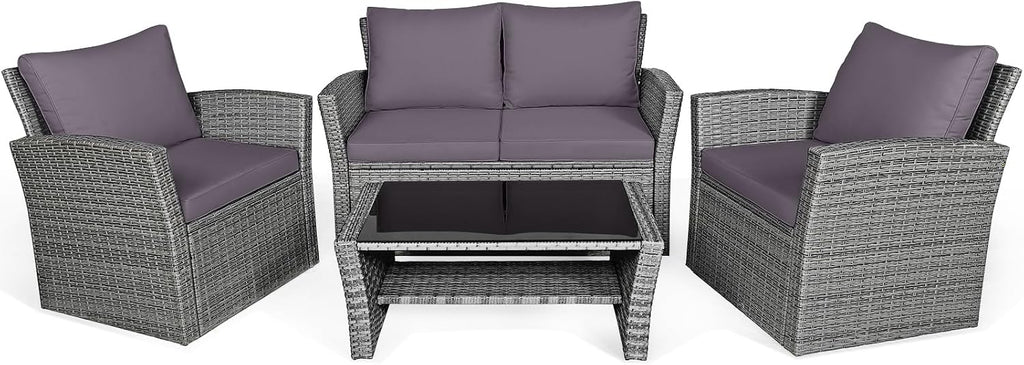 COSTWAY 4 Pieces Patio Rattan Furniture Set, Outdoor Wicker Sofa Set with Tempered Glass Coffee Table, Cushions, All Weather Rattan Conversation Set for Yard Balcony Backyard Pool (Grey)