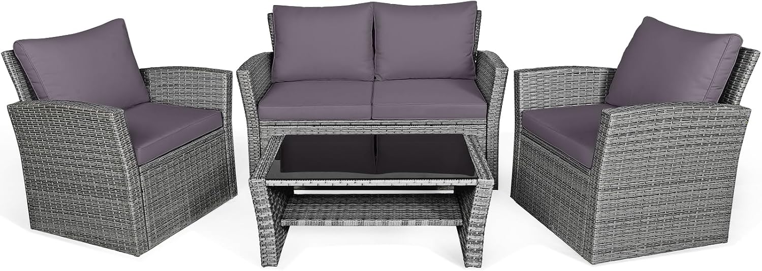 COSTWAY 4 Pieces Patio Rattan Furniture Set, Outdoor Wicker Sofa Set with Tempered Glass Coffee Table, Cushions, All Weather Rattan Conversation Set for Yard Balcony Backyard Pool (Grey)