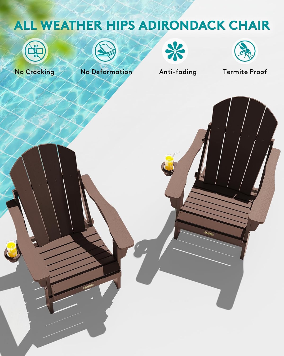 SERWALL Folding Adirondack Chair with Cup Holder for Outdoor, All-Weather Patio Chairs with Wood Texture, Fire Pit Chairs for Deck Porch Garden (Folding Coffee)