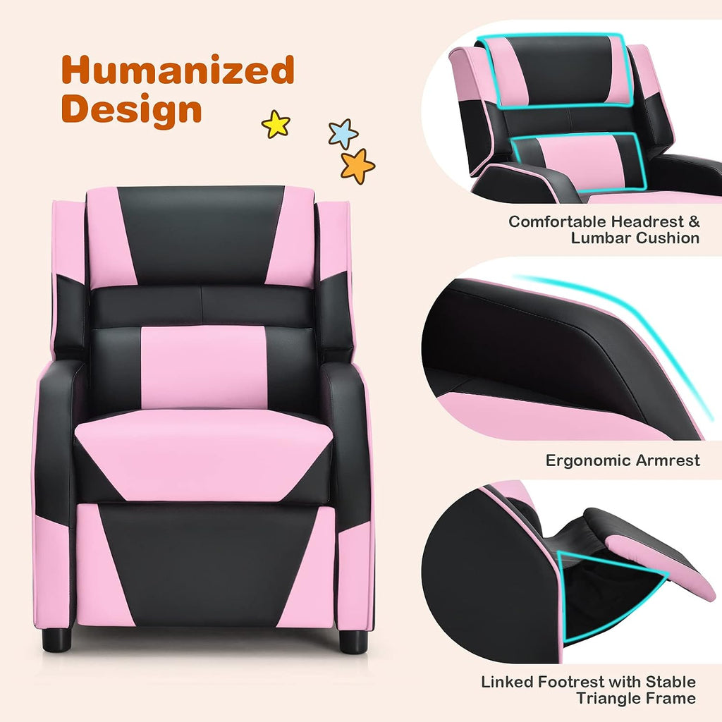 Giantex Kids Recliner, Gaming Recliner Chair with Footrest, Headrest & Lumbar Support, Ergonomic Leather Lounge Chair Toddler Furniture, Adjustable Racing Style Recliner Sofa for Boys Girls, Pink