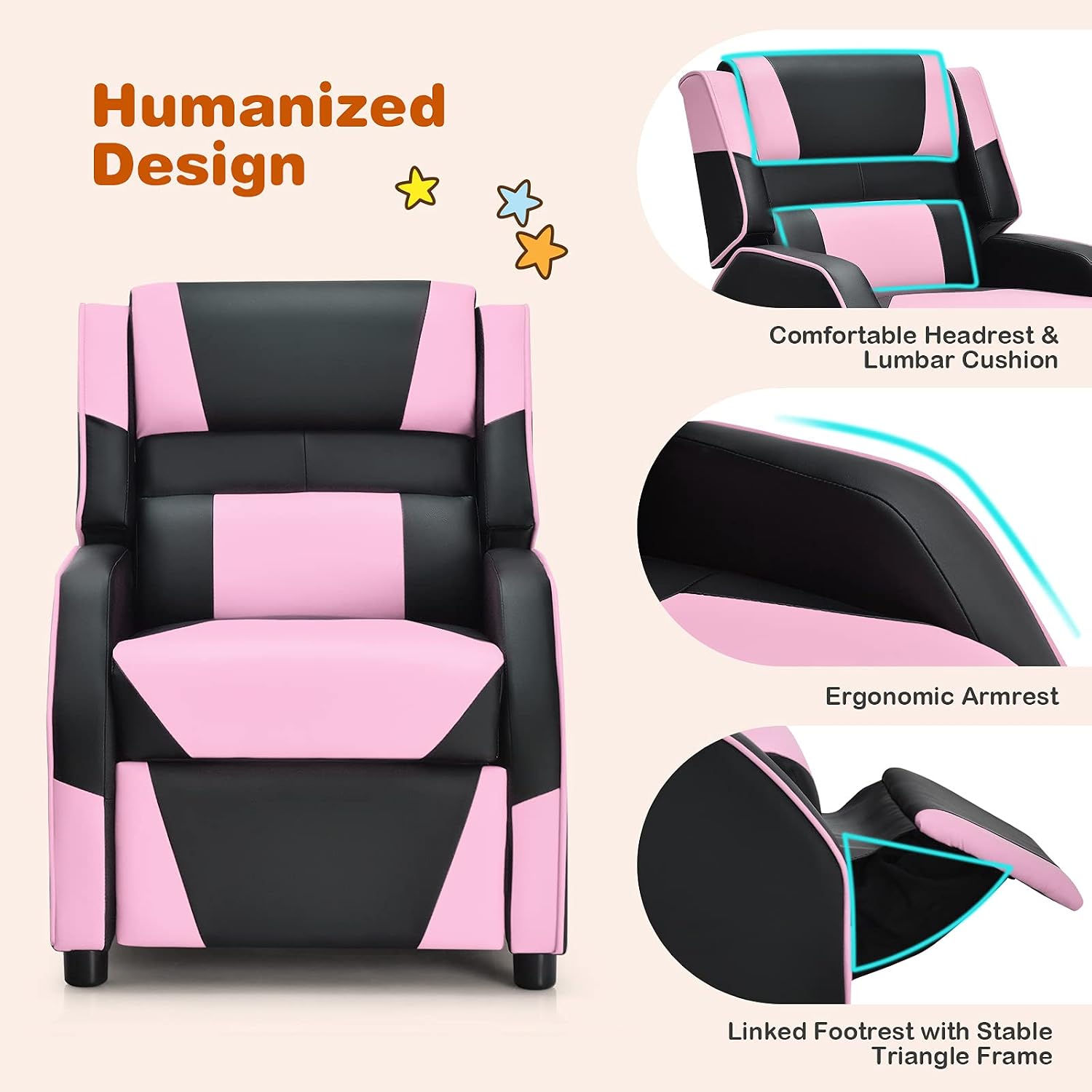 Giantex Kids Recliner, Gaming Recliner Chair with Footrest, Headrest & Lumbar Support, Ergonomic Leather Lounge Chair Toddler Furniture, Adjustable Racing Style Recliner Sofa for Boys Girls, Pink