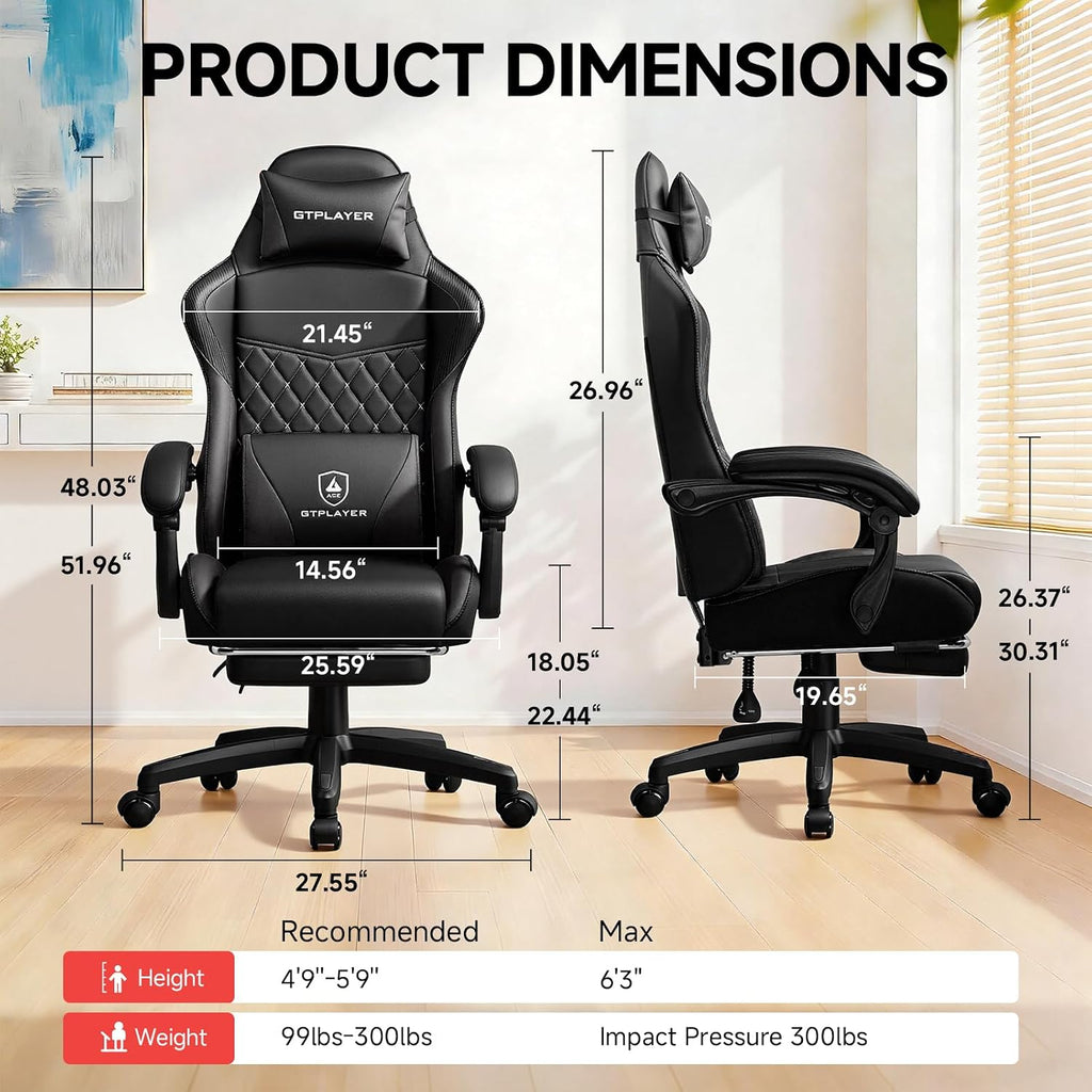 GTPLAYER Gaming Chair, High Back Computer Gaming Chair with Footrest, Ergonomic Height Adjustable Office Chair with Removable Cover and Lumbar Support for Gaming & Work (BLK,with Leather Cover)