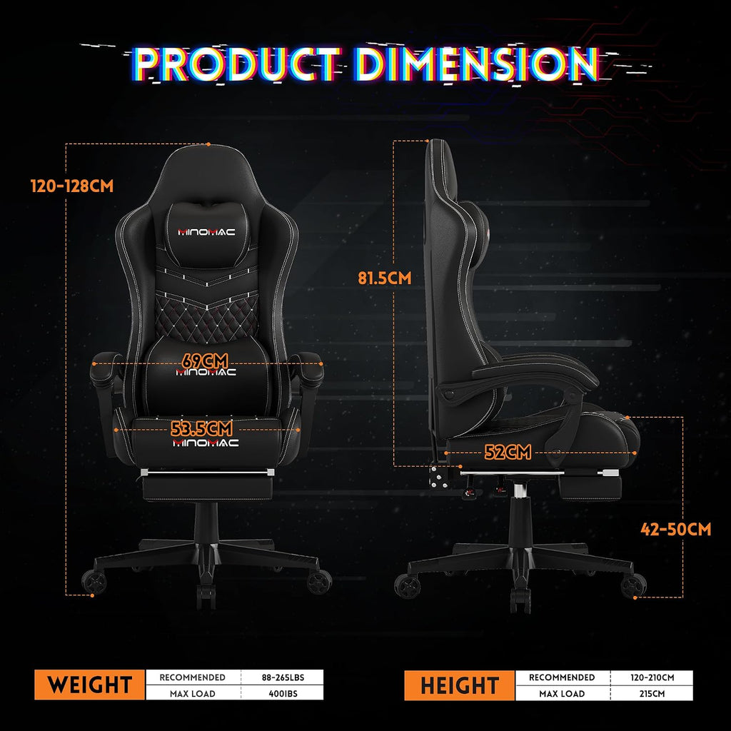 Gaming Chair,Ergonomic Computer Gaming Chair,400lb Load-Bearing,Retractable Footrest/Waist Support/Ergonomic Backrest[Spring + 4D Sponge] (Black)