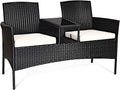 COSTWAY 2-Seat Patio Conversation Sets, Outdoor Patio Loveseat Set with Removable Cushions & Built-in Coffee Table for Backyard, Garden, Lawn, Balcony, Black+Beige
