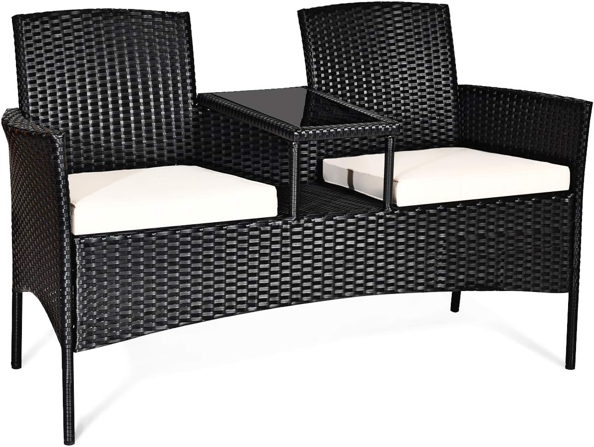 COSTWAY 2-Seat Patio Conversation Sets, Outdoor Patio Loveseat Set with Removable Cushions & Built-in Coffee Table for Backyard, Garden, Lawn, Balcony, Black+Beige