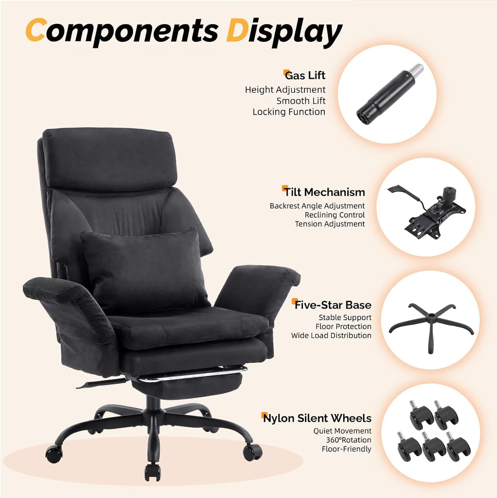 VINGLI 100-130° Reclining Tall Office Chair with Foot Rest & Adjustable Armrests, Ergonomic Criss Cross Chair with Wheels & Headrest, Comfy Wide-Seat Gamer Chair for the Heavy, Microfiber, Black