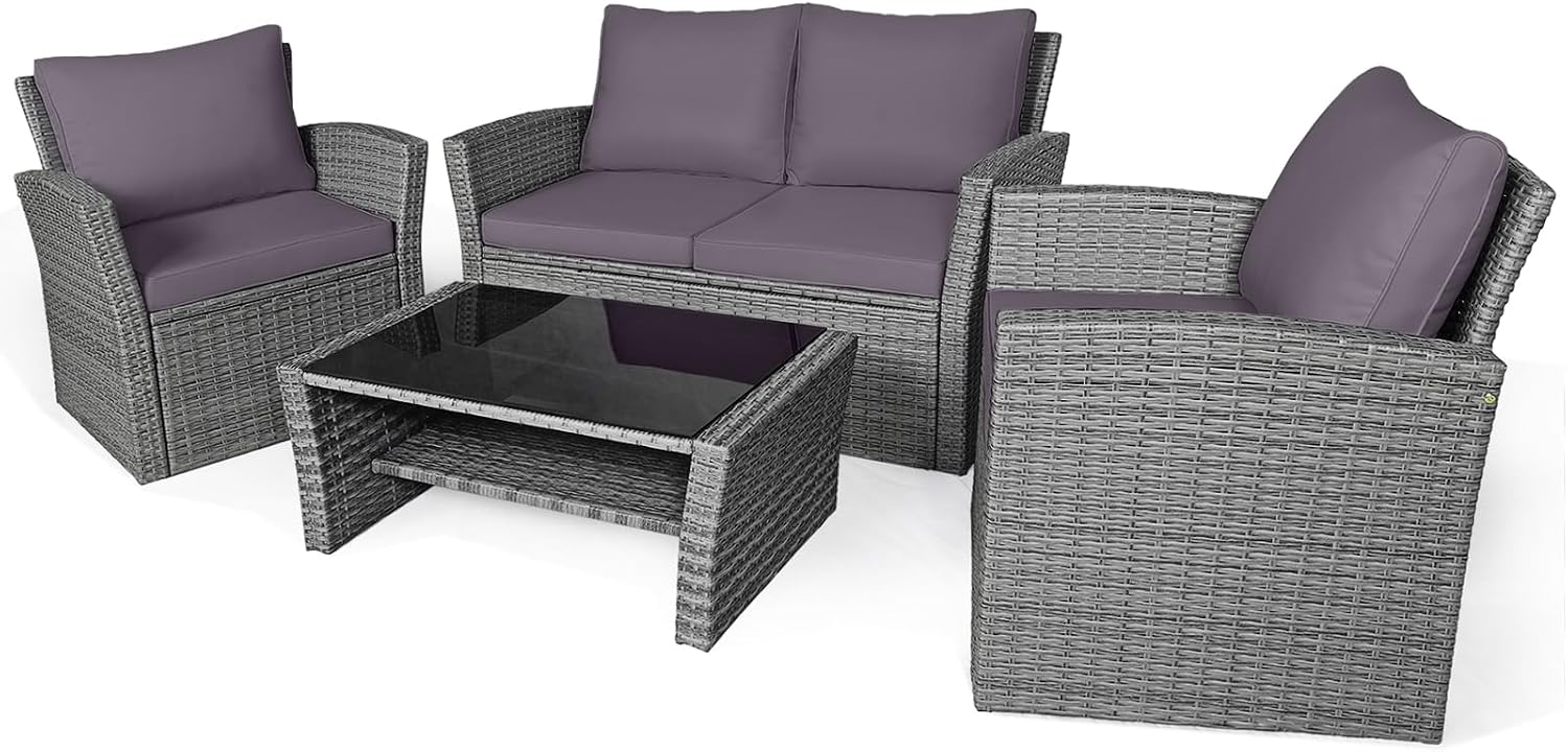 Tangkula 4 Pieces Patio Furniture Set, All Weather Outdoor Sectional Rattan Sofa Set with Cushions & Tempered Glass Table, Wicker Conversation Couch Set for Backyard Garden Poolside