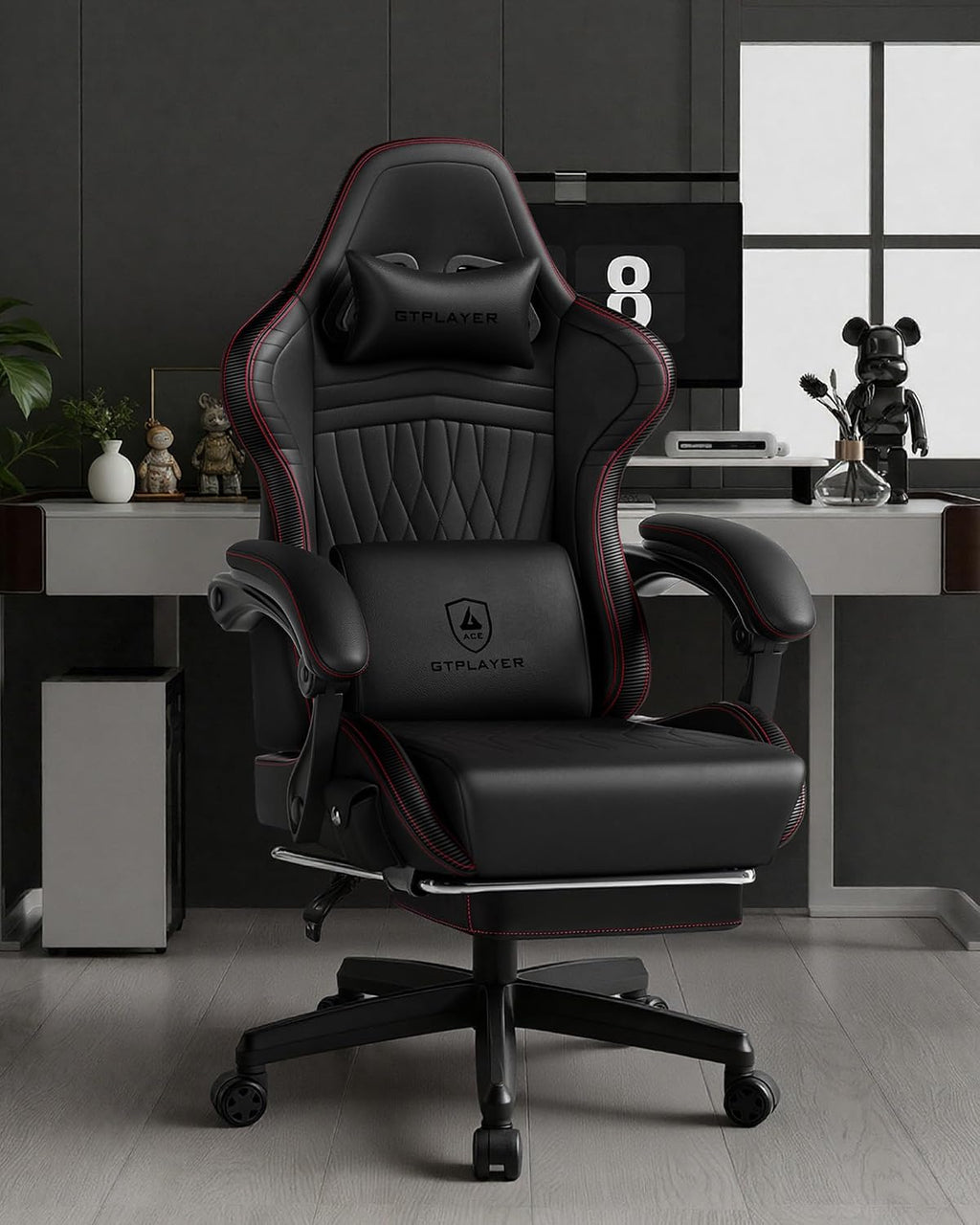 GTPLAYER Gaming Chair for Adults, Ergonomic Video Game Chairs, Footrest & Linkage Armrest, Reclining High Back Silla Gamer with Speakers for Home Office, Ace Pro, Black & Red