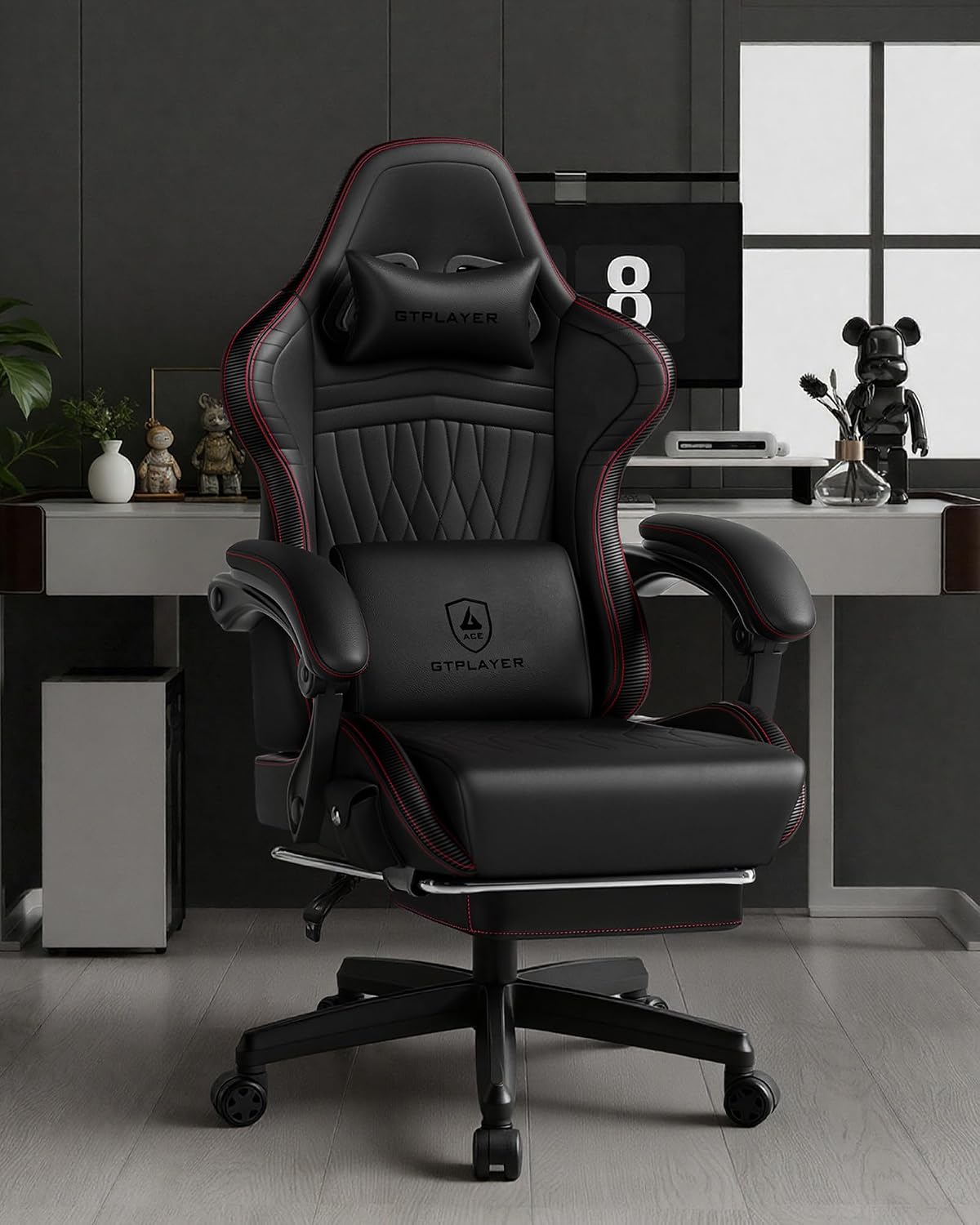 GTPLAYER Gaming Chair for Adults, Ergonomic Video Game Chairs, Footrest & Linkage Armrest, Reclining High Back Silla Gamer with Speakers for Home Office, Ace Pro, Black & Red