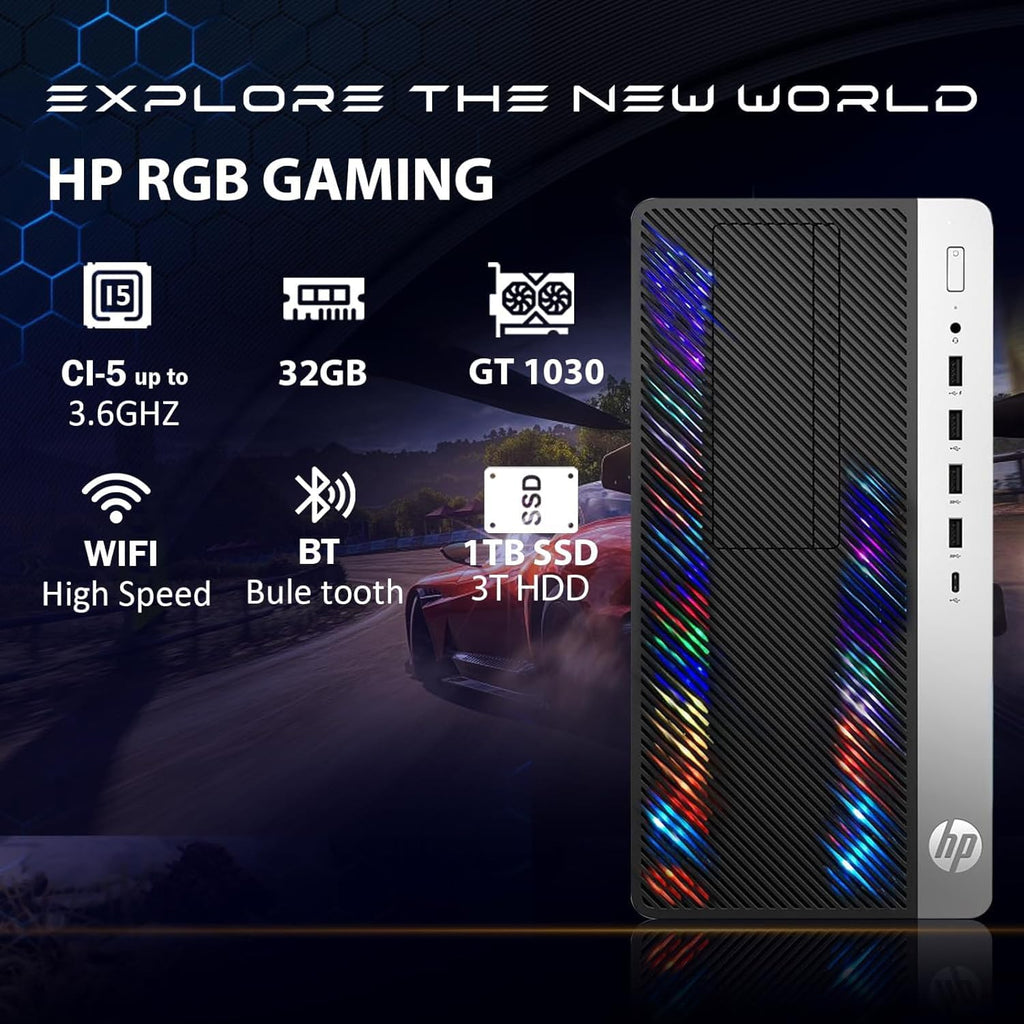 HP RGB Gaming Desktop Computer, Intel Quad Core I5-6500 up to 3.6GHz, GeForce GT 1030 2G, 32GB DDR4, 1T SSD + 3T HDD, RGB Keyboard & Mouse, 600M WiFi & Bluetooth, Windows 11 (Renewed)