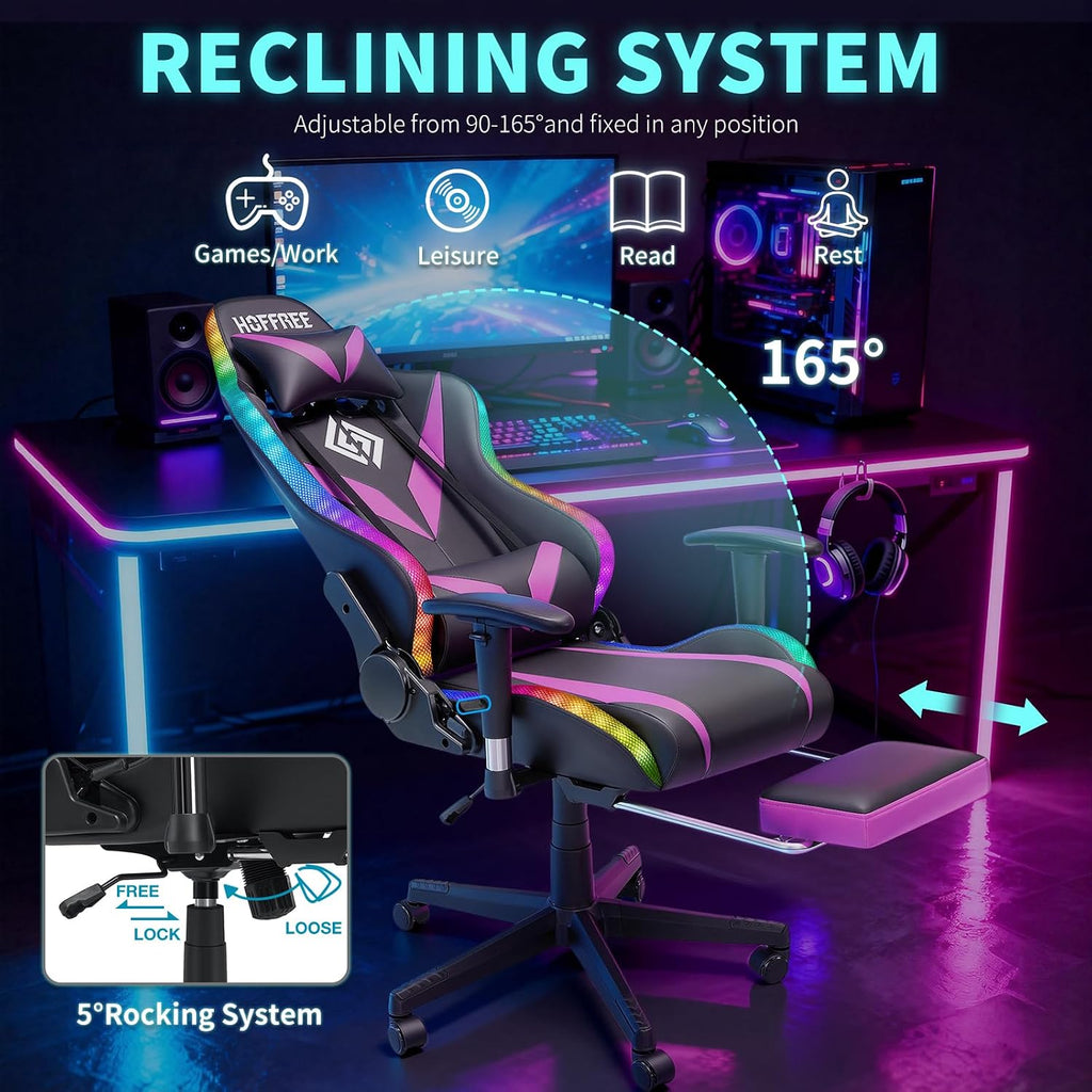 HOFFREE Gaming Chair with Bluetooth Speakers and Led Lights Massage Video Game Chair with Footrest Reclining High Back Computer Gamer Chair Purple and Black