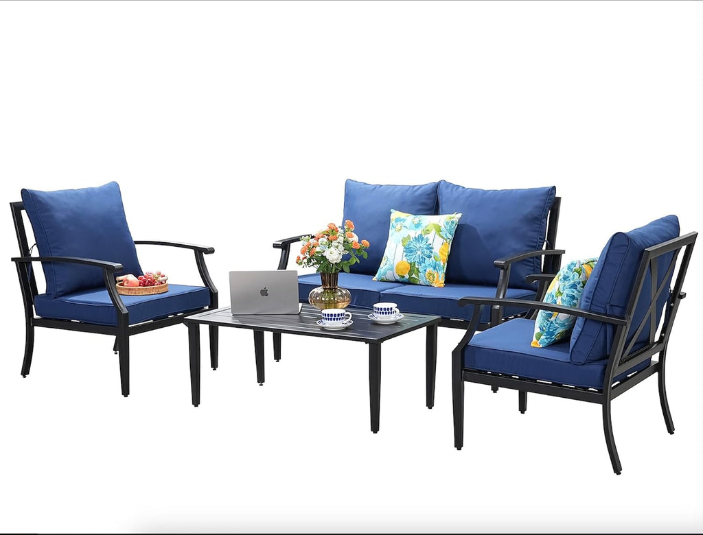 JOYURE 4 Pieces Patio Furniture Set w/loveseat,Coffe Table,Outdoor Conversation Metal Sofa with High Back and Thick Cushion,for Backyard,Garden,Navy